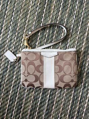 Coach Brown and Cream Signature Canvas Wristlet with Gold Hardware